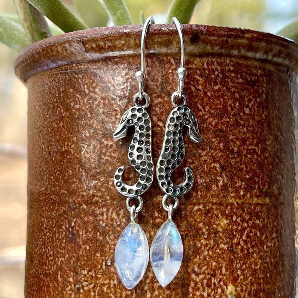 Genuine Moonstone - Seahorse Sterling Silver Earrings